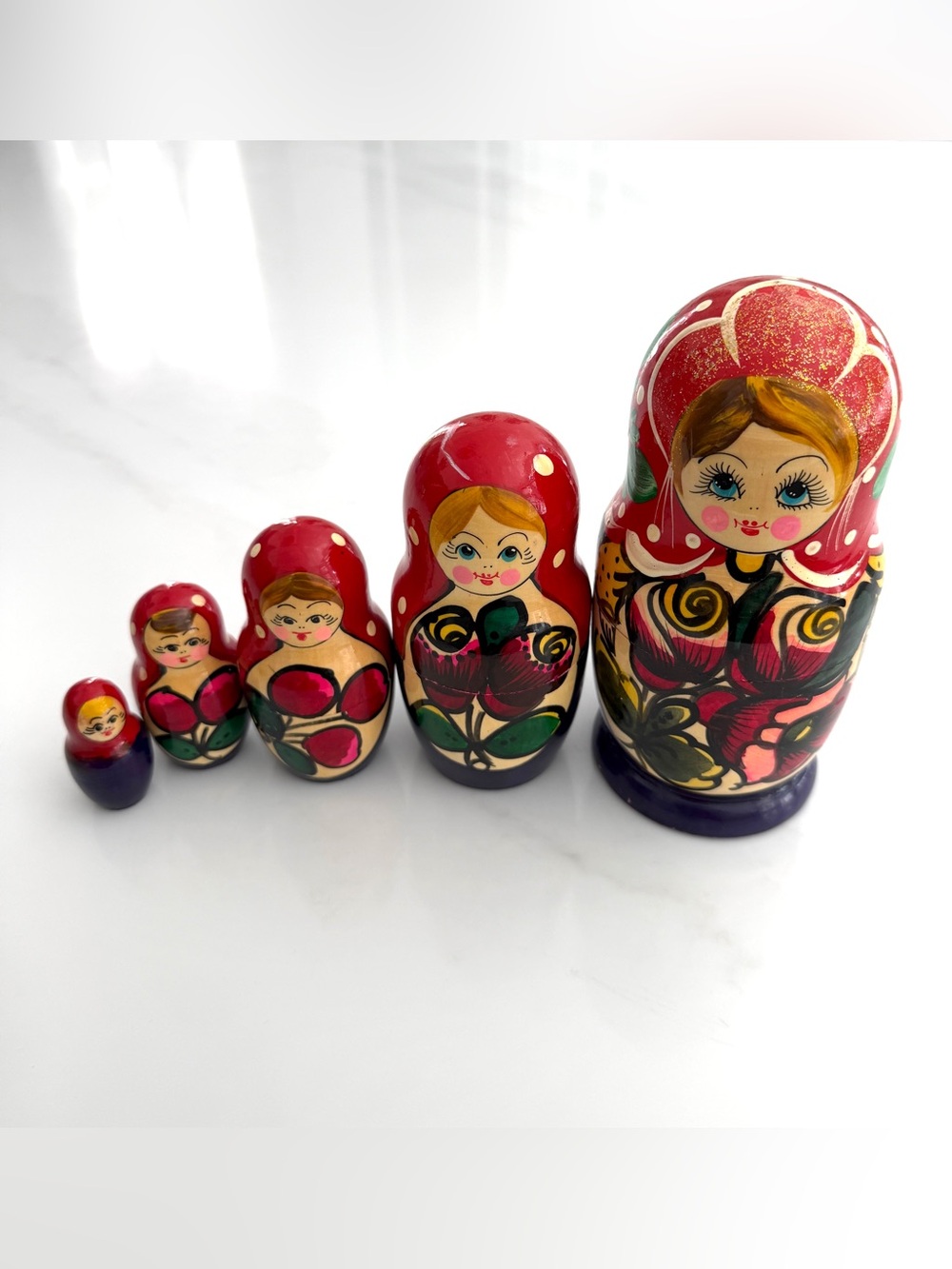 Russian nesting dolls Matryoshka wood hand painted gold glitter 5pc⁠ vintage